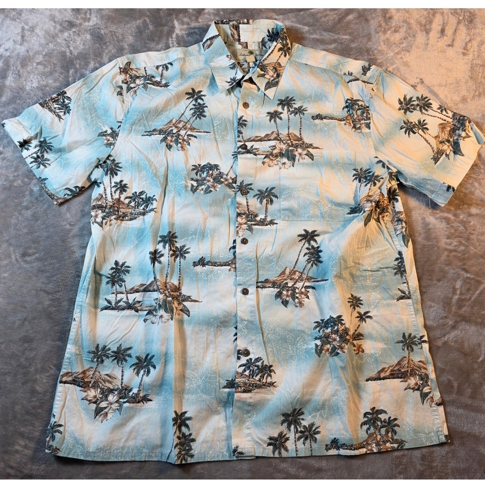 Island Shores Tropical Button Up Shirt Mens L Blue Palm Tree Cotton Hawaiian